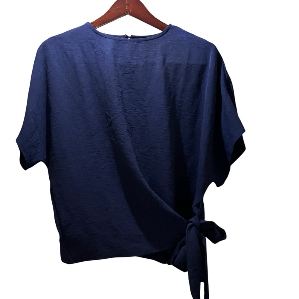 Navy Blue Tie‎ Front Blouse Short Sleeve Top Chic Minimalist Workwear Small